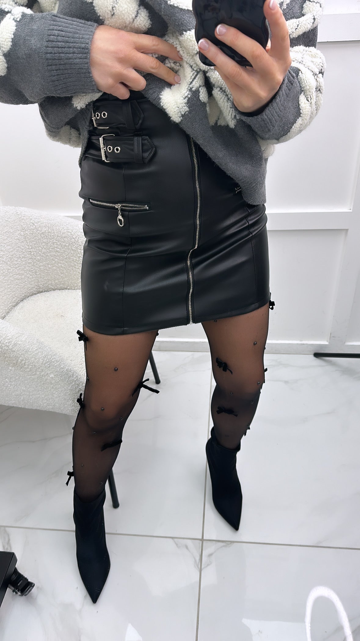 JORDYN black zip & buckle leather look skirt