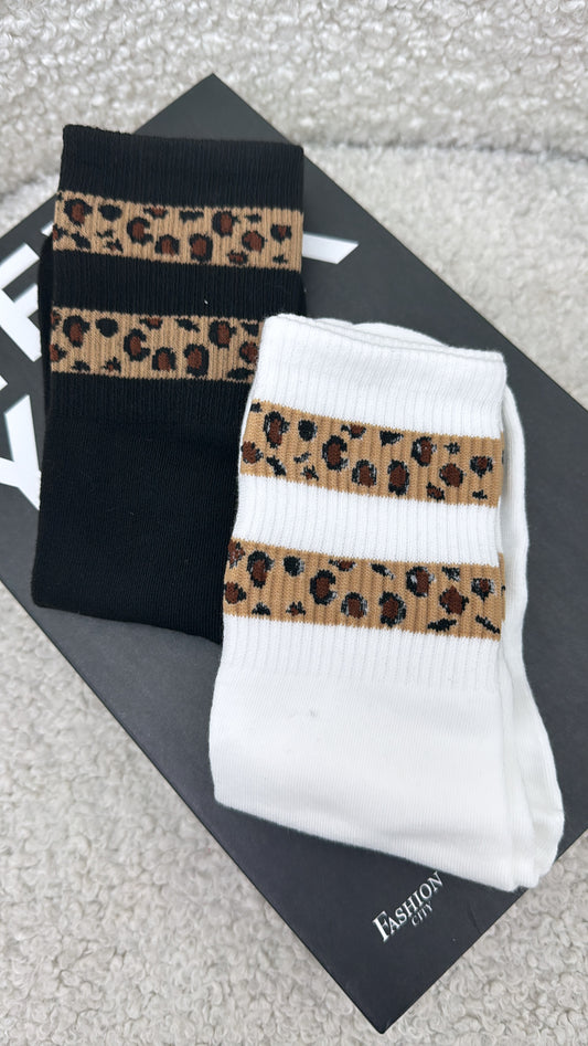 LARA black & white 2 pack of sports socks with leopard print stripes