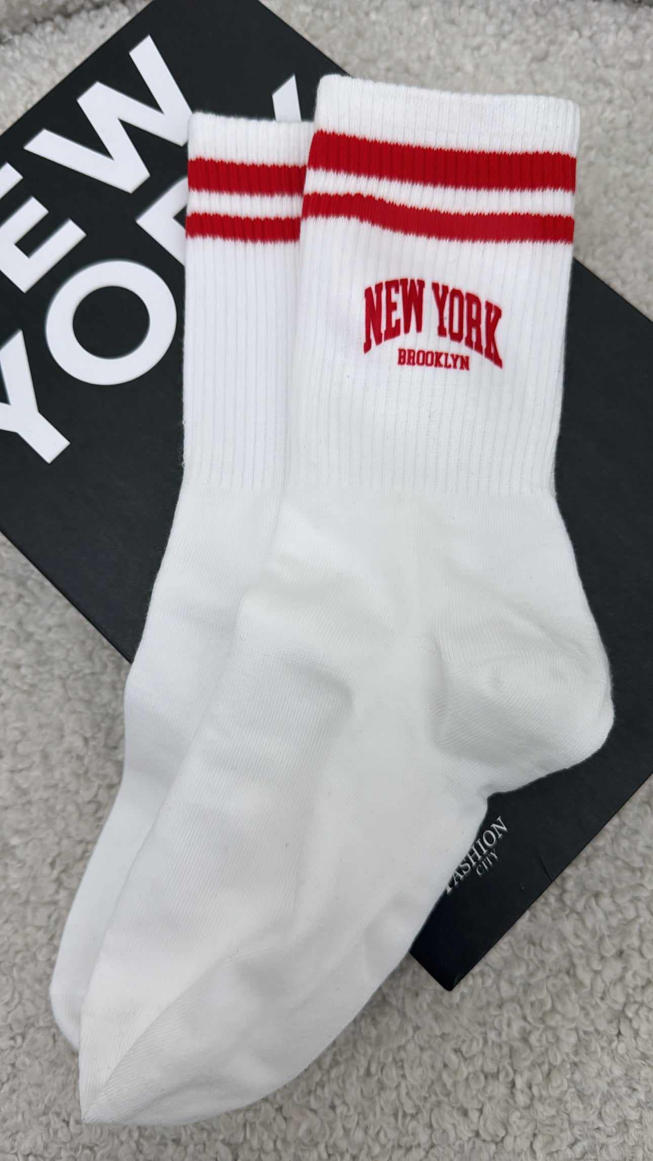 NEW YORK white and red sports socks