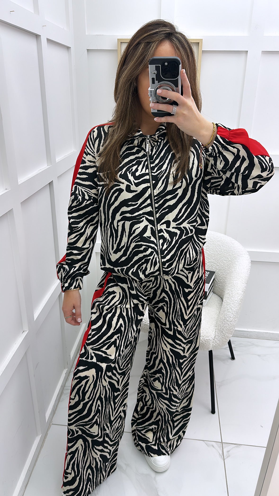 SAMMY zebra print jacket and trousers co-ord with red stripe