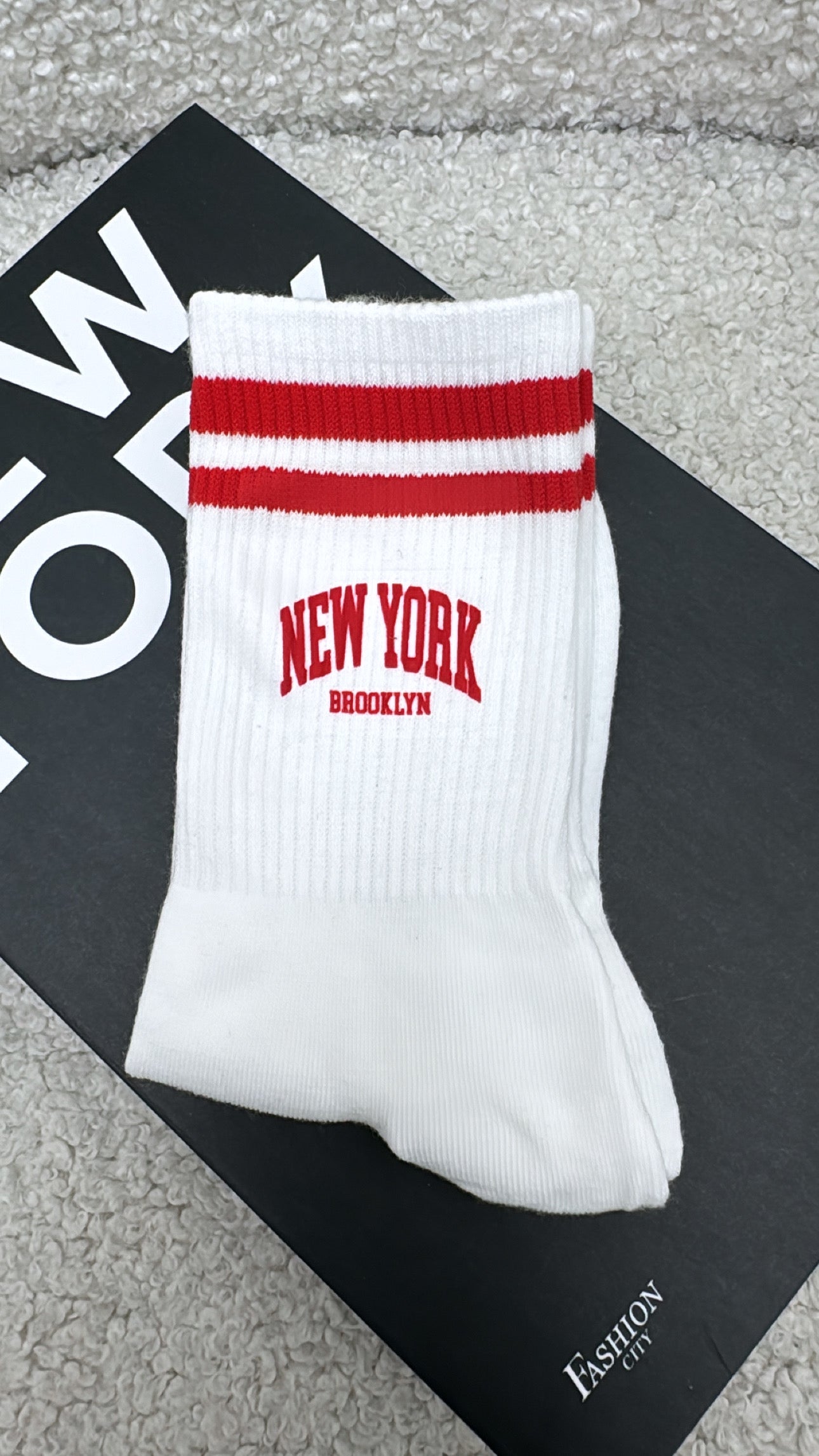 NEW YORK white and red sports socks