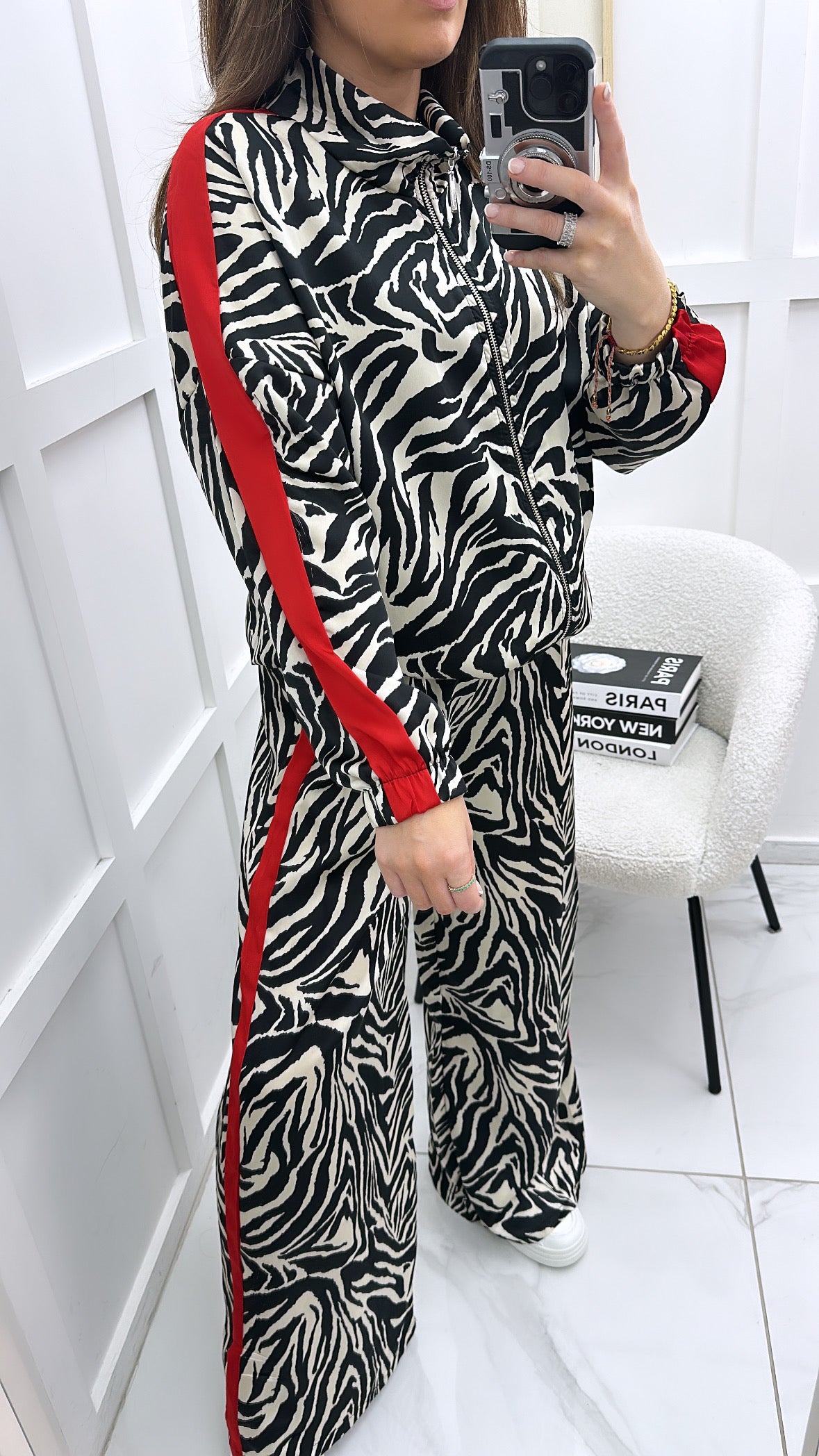 SAMMY zebra print jacket and trousers co-ord with red stripe