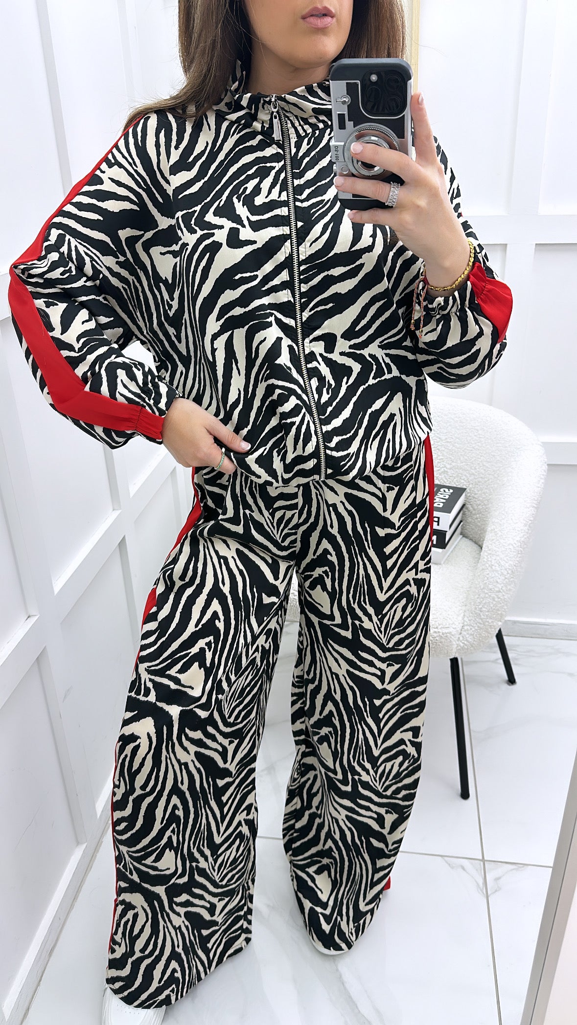 SAMMY zebra print jacket and trousers co-ord with red stripe