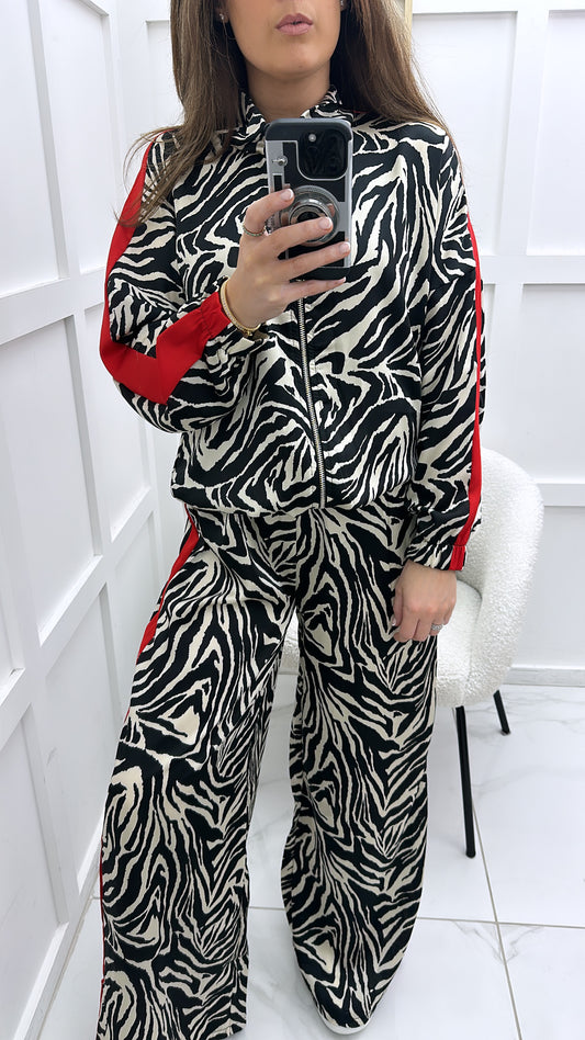 SAMMY zebra print jacket and trousers co-ord with red stripe