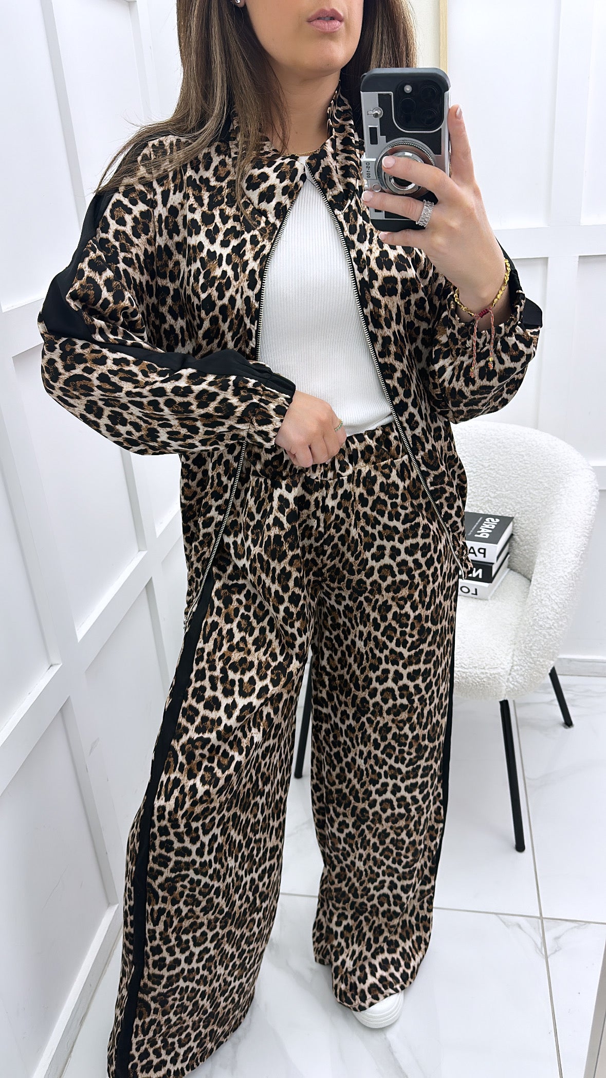 SAMMY leopard print jacket and trousers co-ord with black stripe