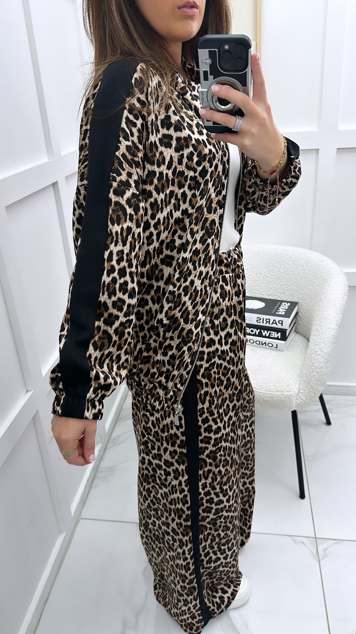 SAMMY leopard print jacket and trousers co-ord with black stripe