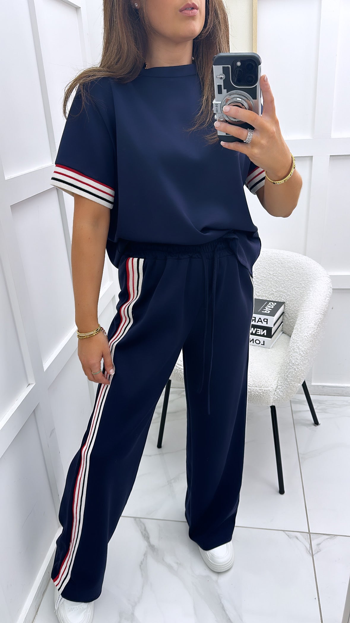 JESSICA navy with contrast stripe t-shirt and wide leg joggers co-ord