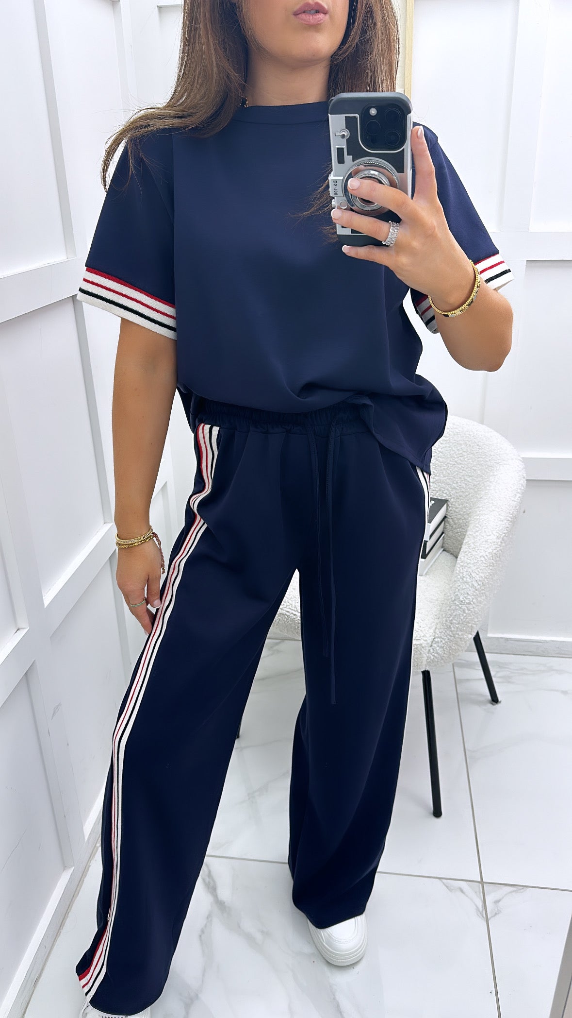 JESSICA navy with contrast stripe t-shirt and wide leg joggers co-ord