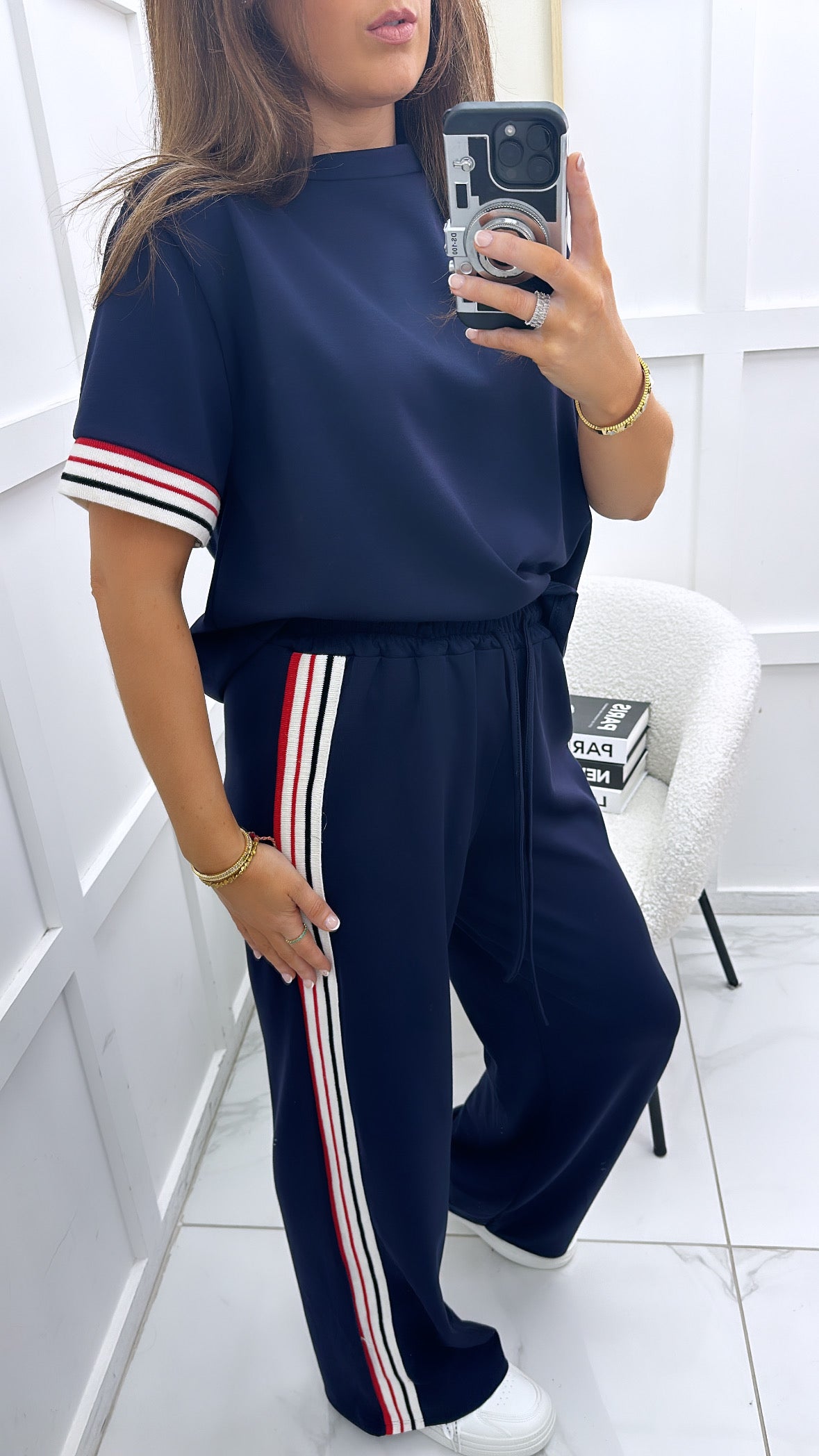 JESSICA navy with contrast stripe t-shirt and wide leg joggers co-ord