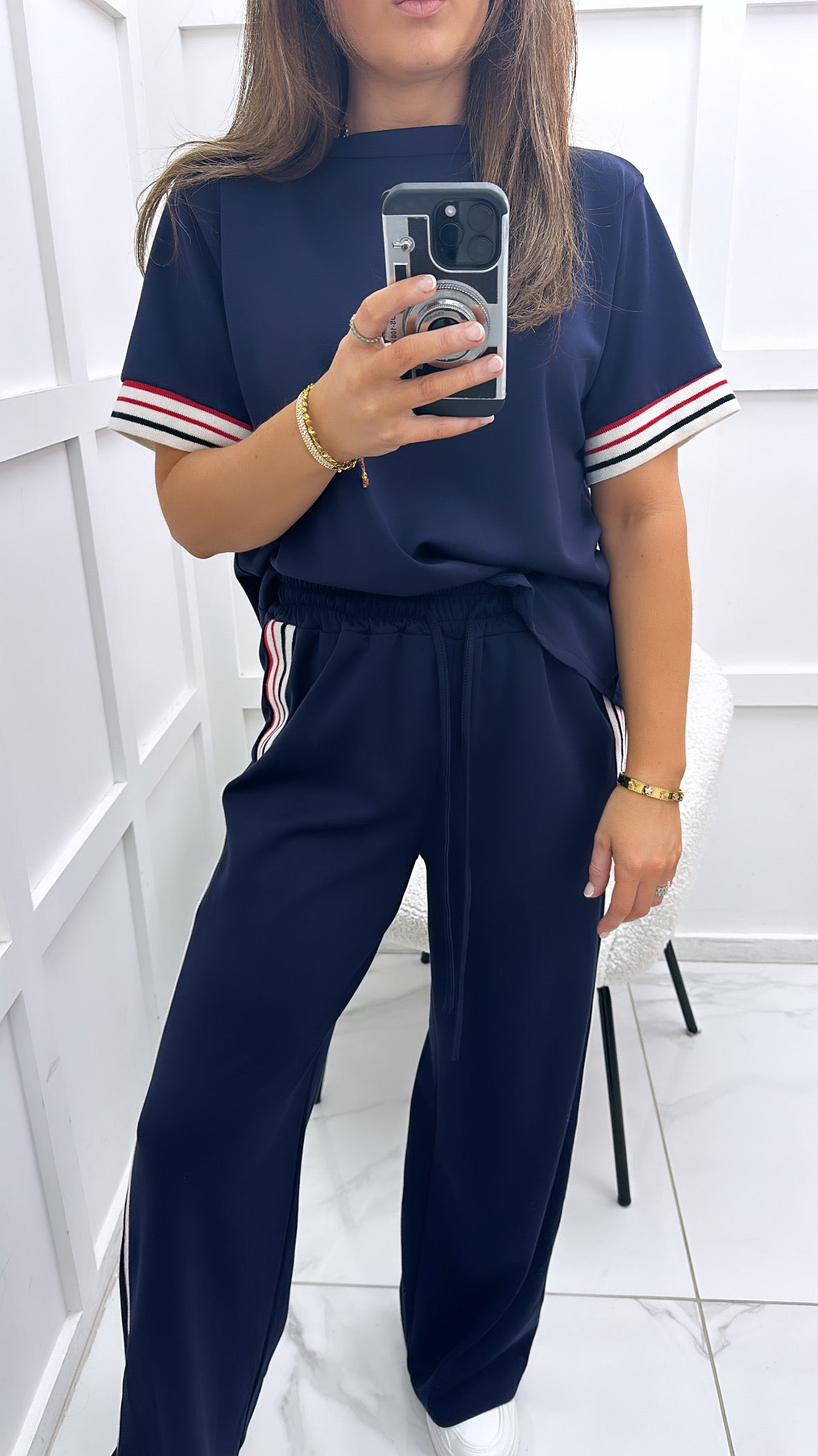 JESSICA navy with contrast stripe t-shirt and wide leg joggers co-ord