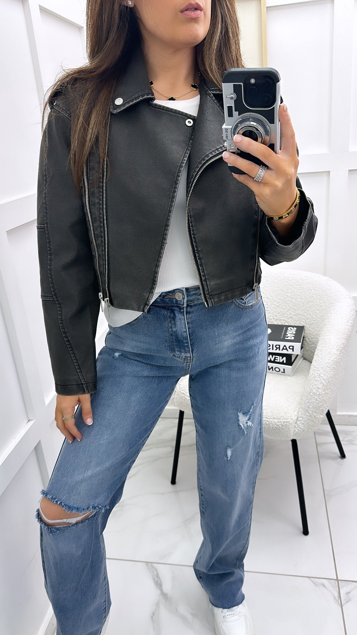 SHAUNA black distressed cropped biker jacket