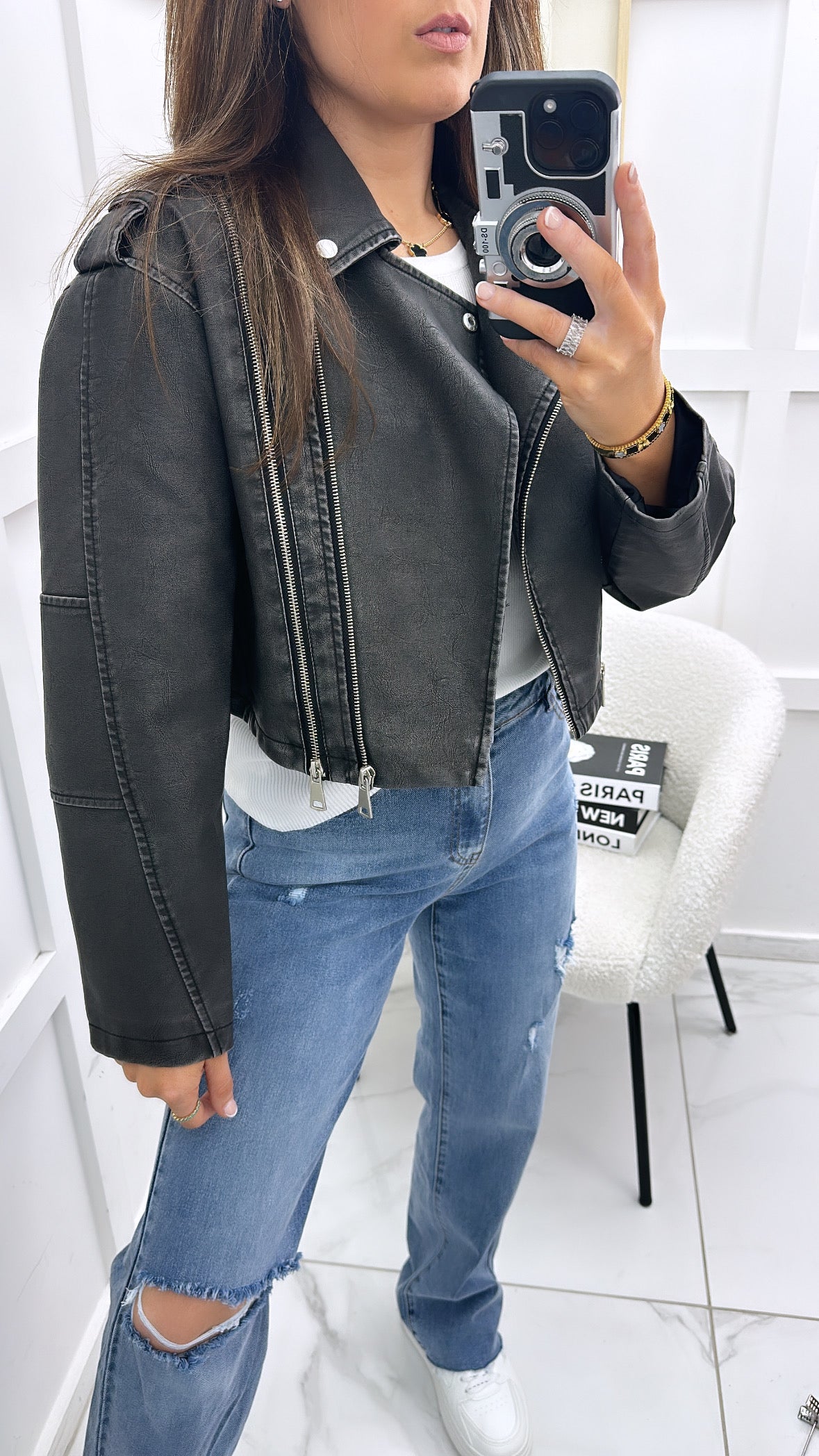 SHAUNA black distressed cropped biker jacket