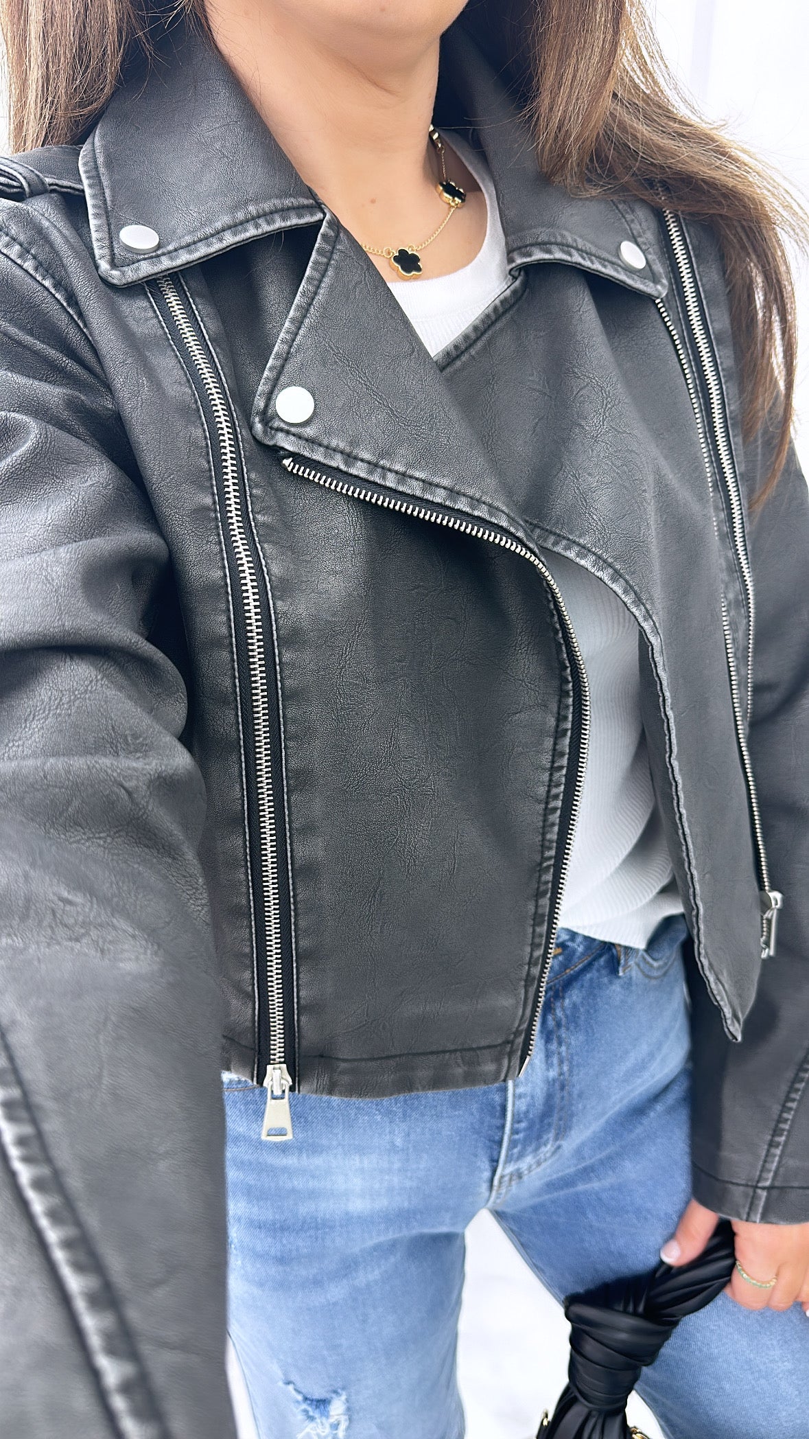 SHAUNA black distressed cropped biker jacket