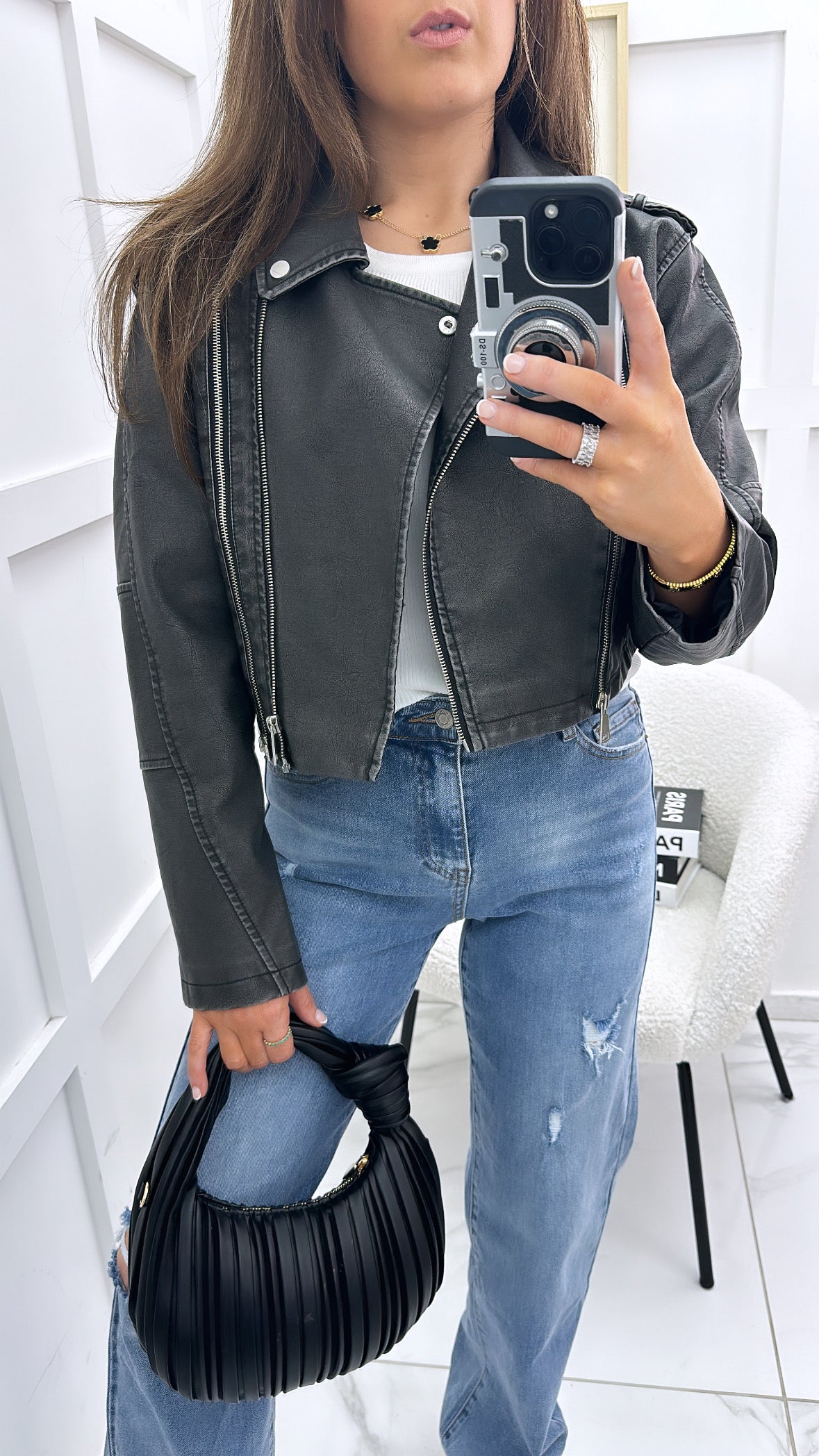 SHAUNA black distressed cropped biker jacket