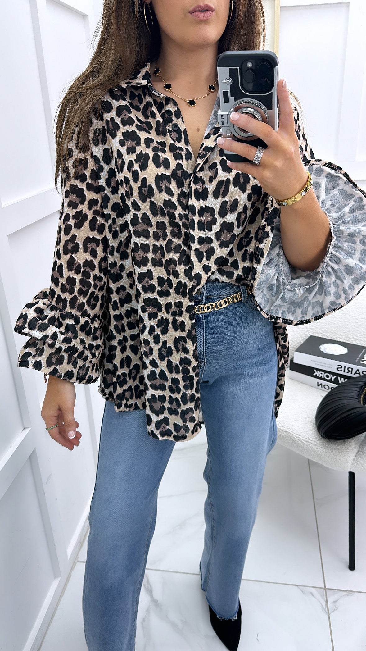 AMBER leopard print oversized shirt with frill sleeves