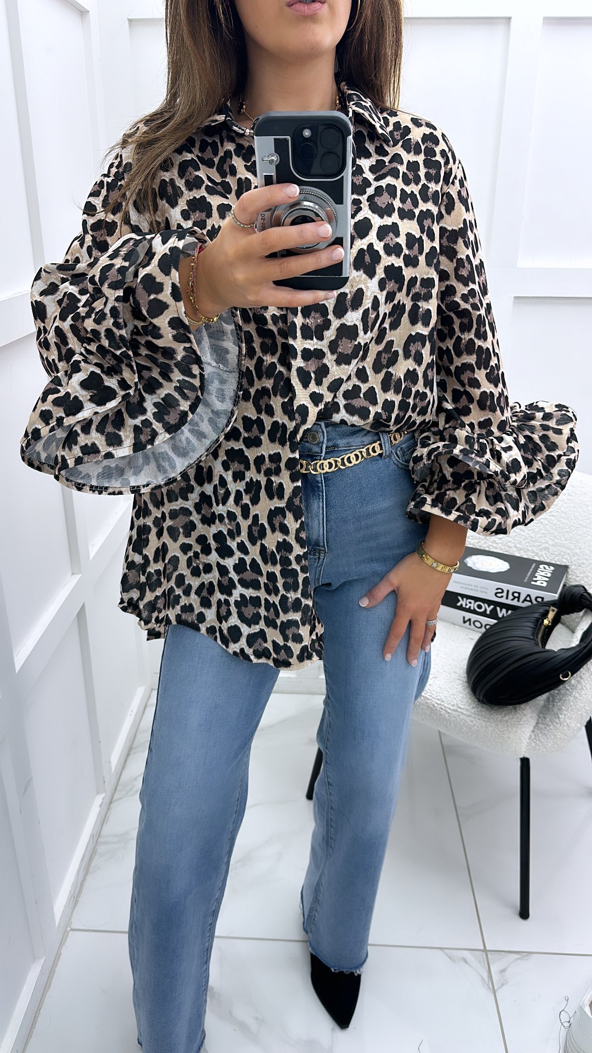 AMBER leopard print oversized shirt with frill sleeves