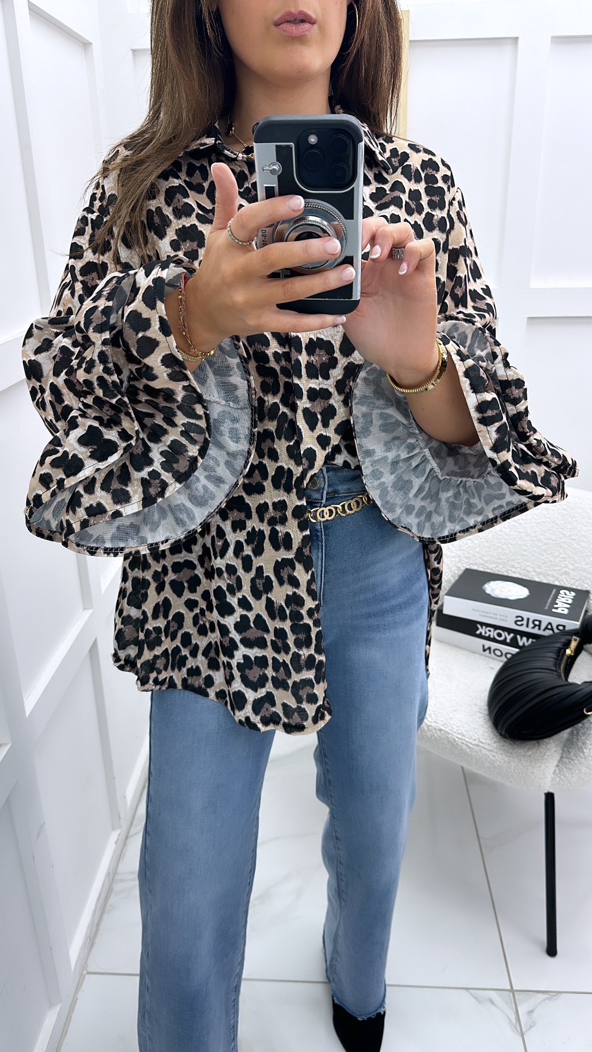 AMBER leopard print oversized shirt with frill sleeves