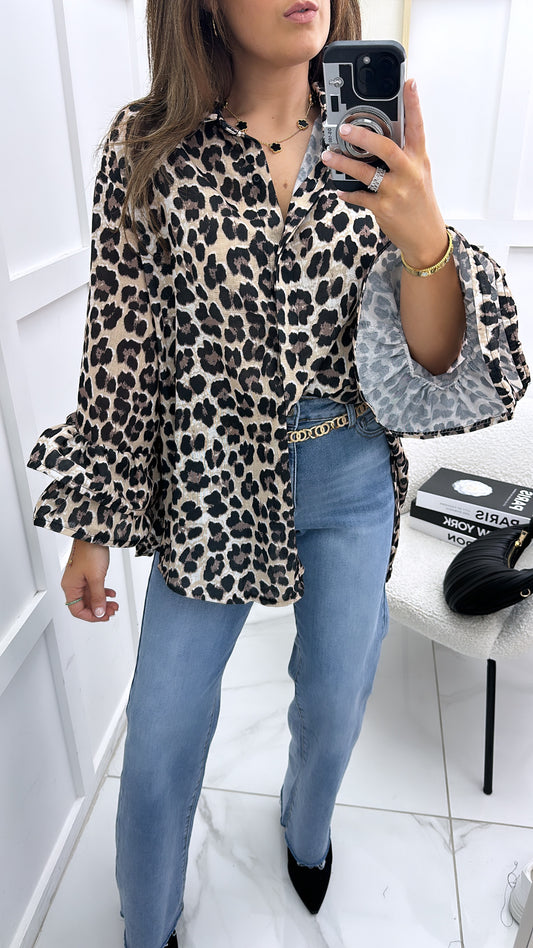 AMBER leopard print oversized shirt with frill sleeves