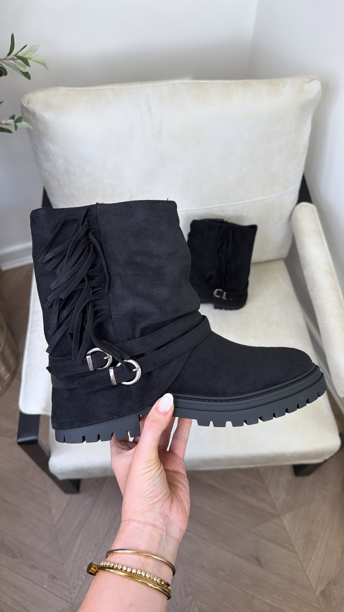 EBONIE black faux suede tassel ankle boots