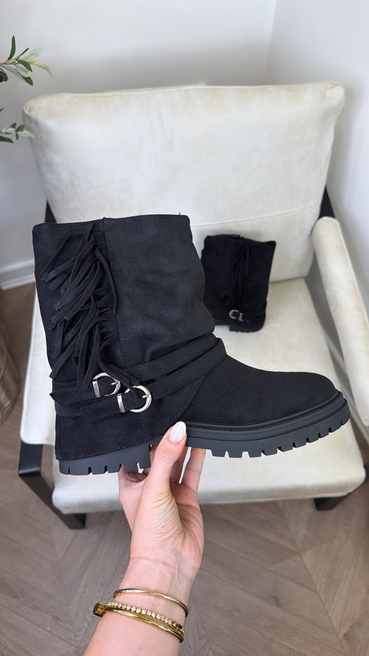 EBONIE black faux suede tassel ankle boots