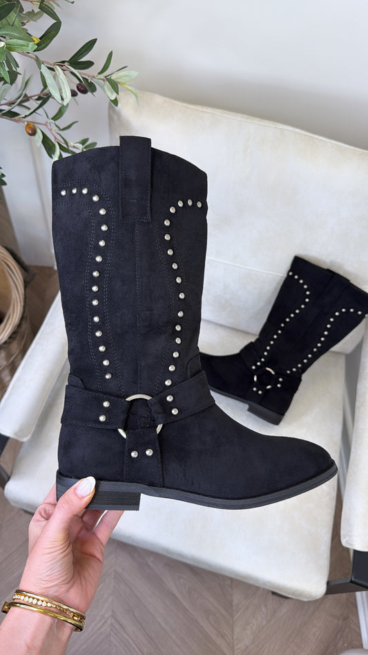 PAIGE black faux suede stud detail mid calf boots