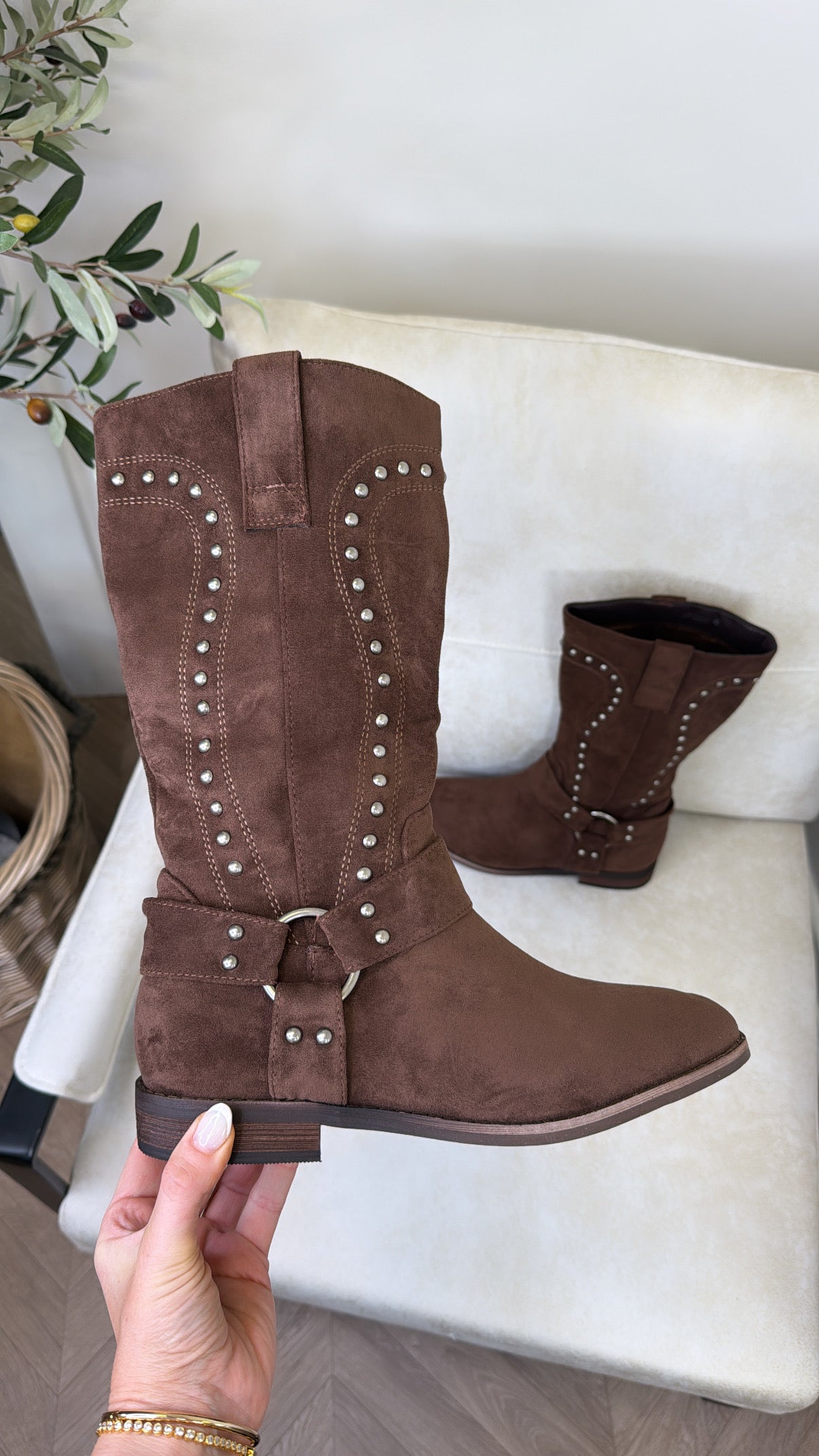 PAIGE brown faux suede stud detail mid calf boots
