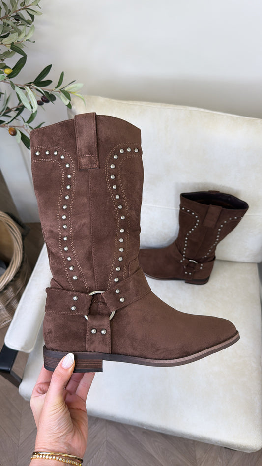 PAIGE brown faux suede stud detail mid calf boots