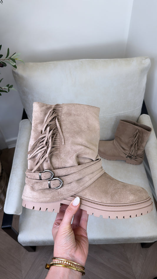 EBONIE beige faux suede tassel ankle boots
