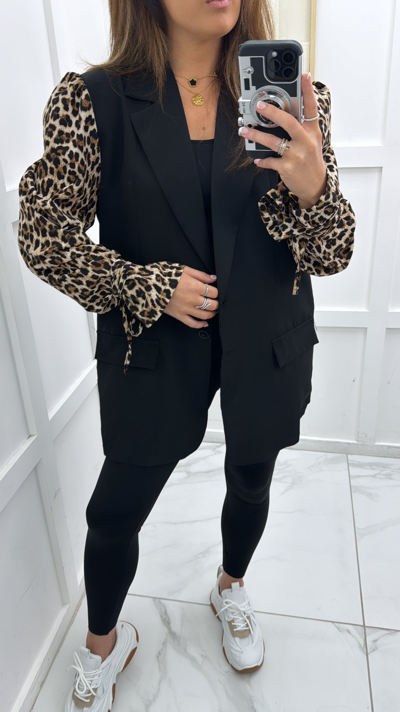 GINA black blazer with leopard print tie sleeves