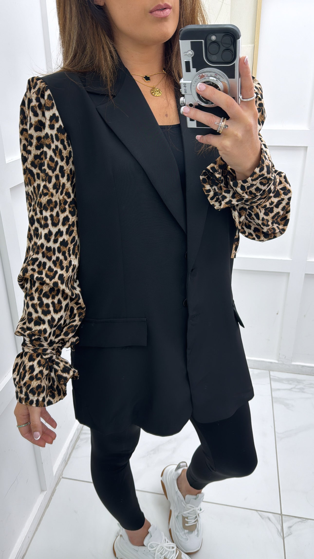 GINA black blazer with leopard print tie sleeves