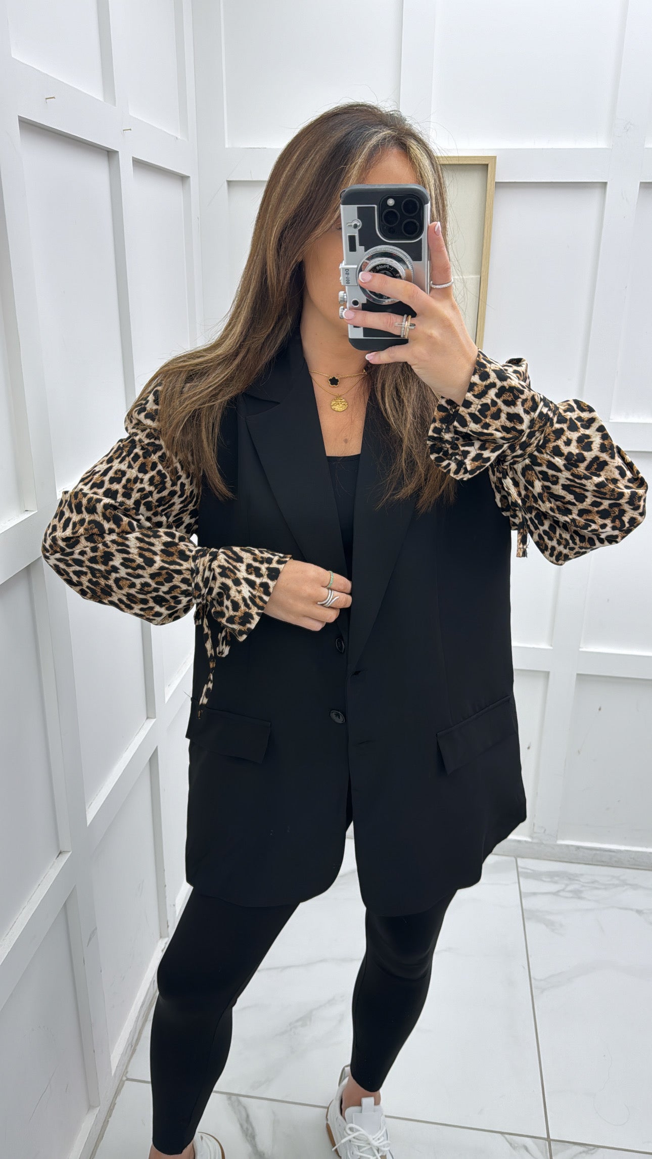 GINA black blazer with leopard print tie sleeves