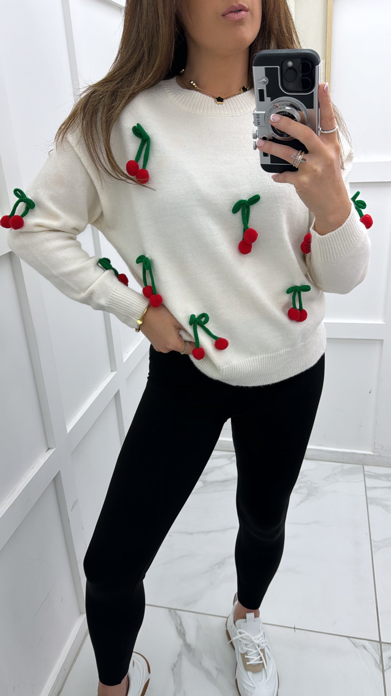 SOPHIA cream cherry embellished soft knit jumper