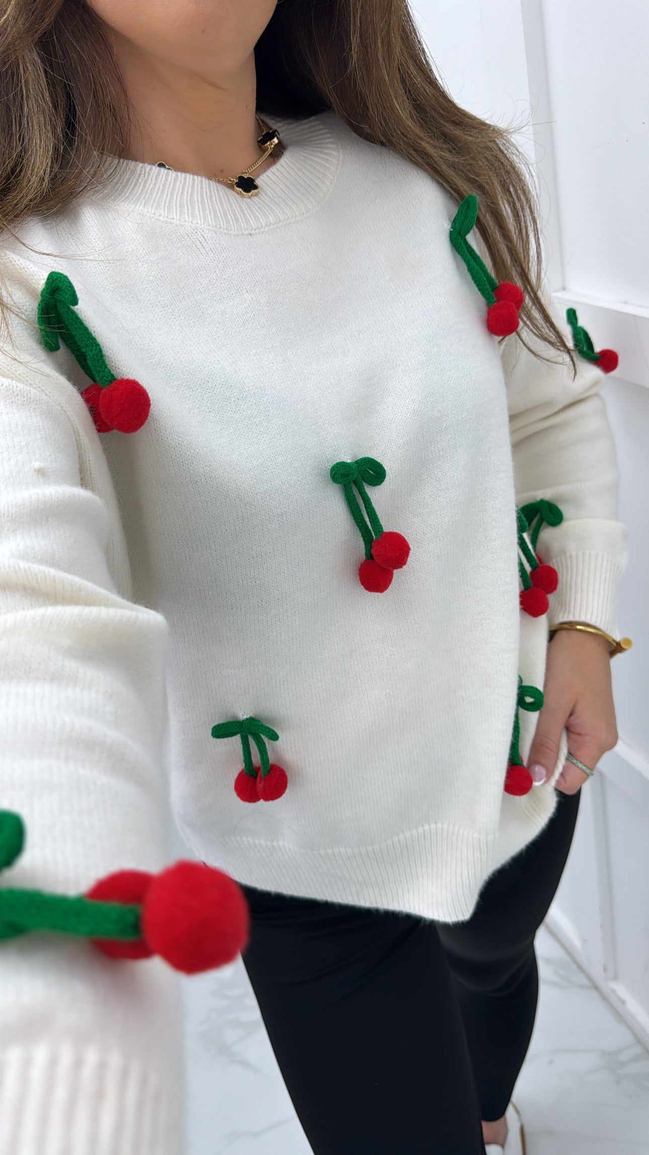 SOPHIA cream cherry embellished soft knit jumper