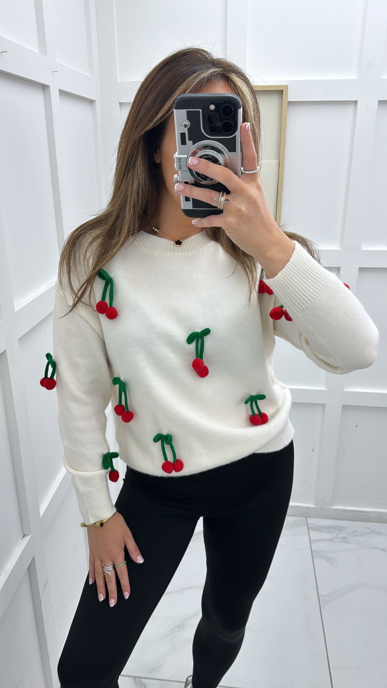 SOPHIA cream cherry embellished soft knit jumper