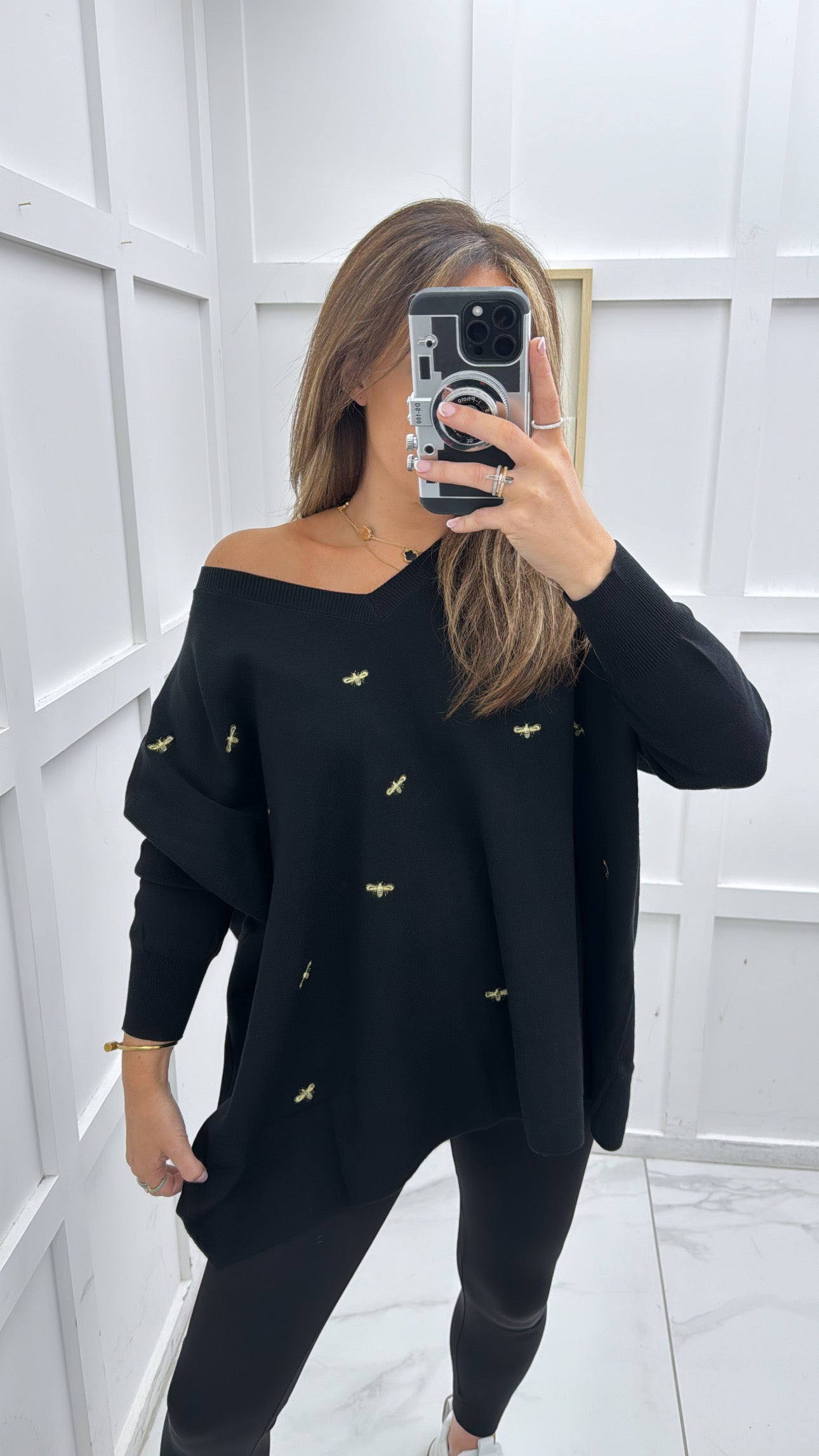 BELLA black soft knit jumper with gold bee embroidery