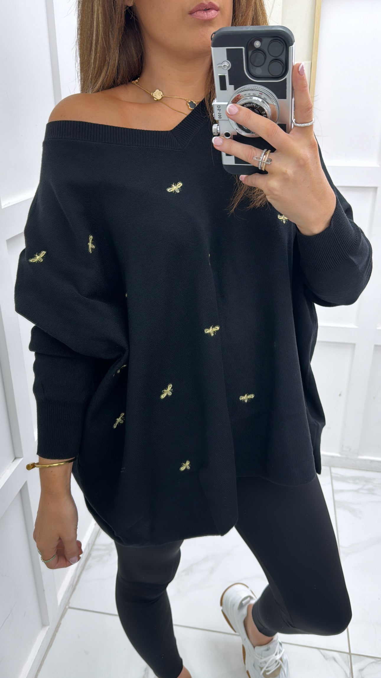 BELLA black soft knit jumper with gold bee embroidery