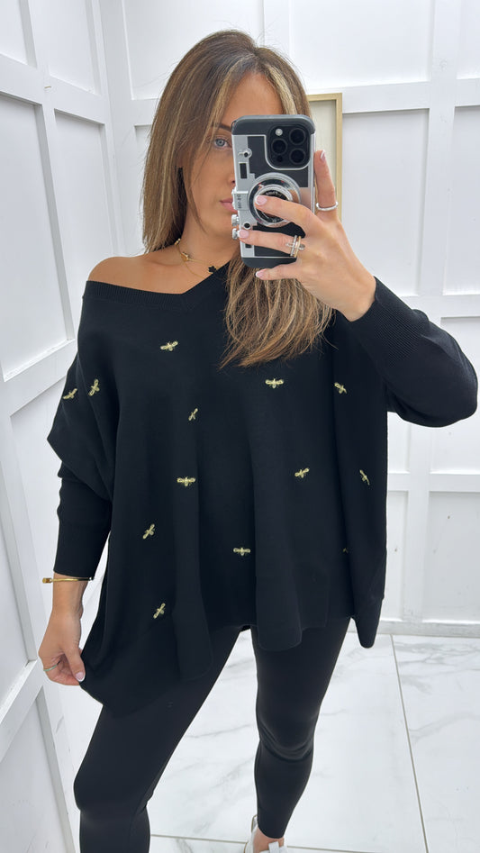 BELLA black soft knit jumper with gold bee embroidery