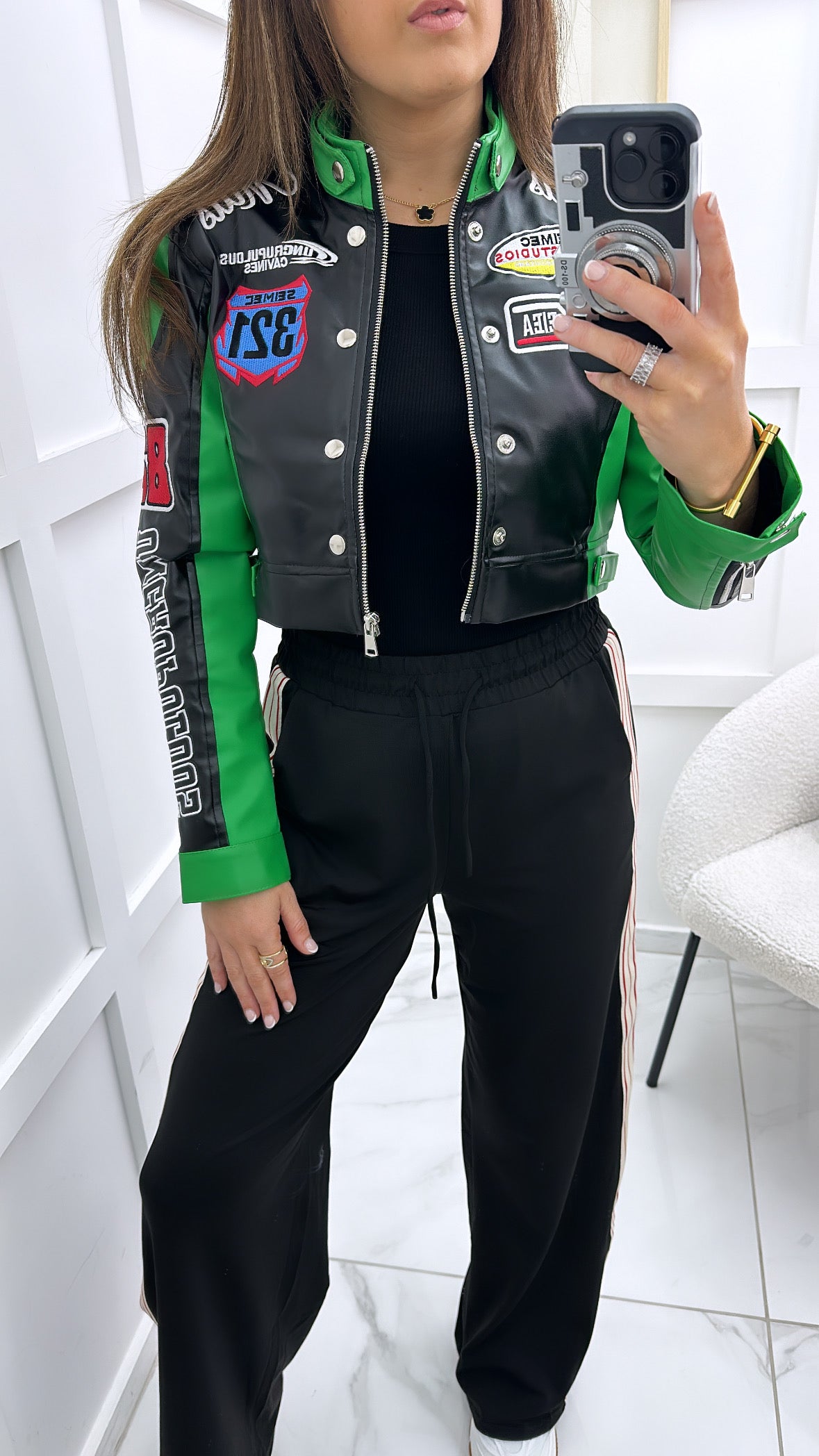 MELISSA green cropped racing biker jacket