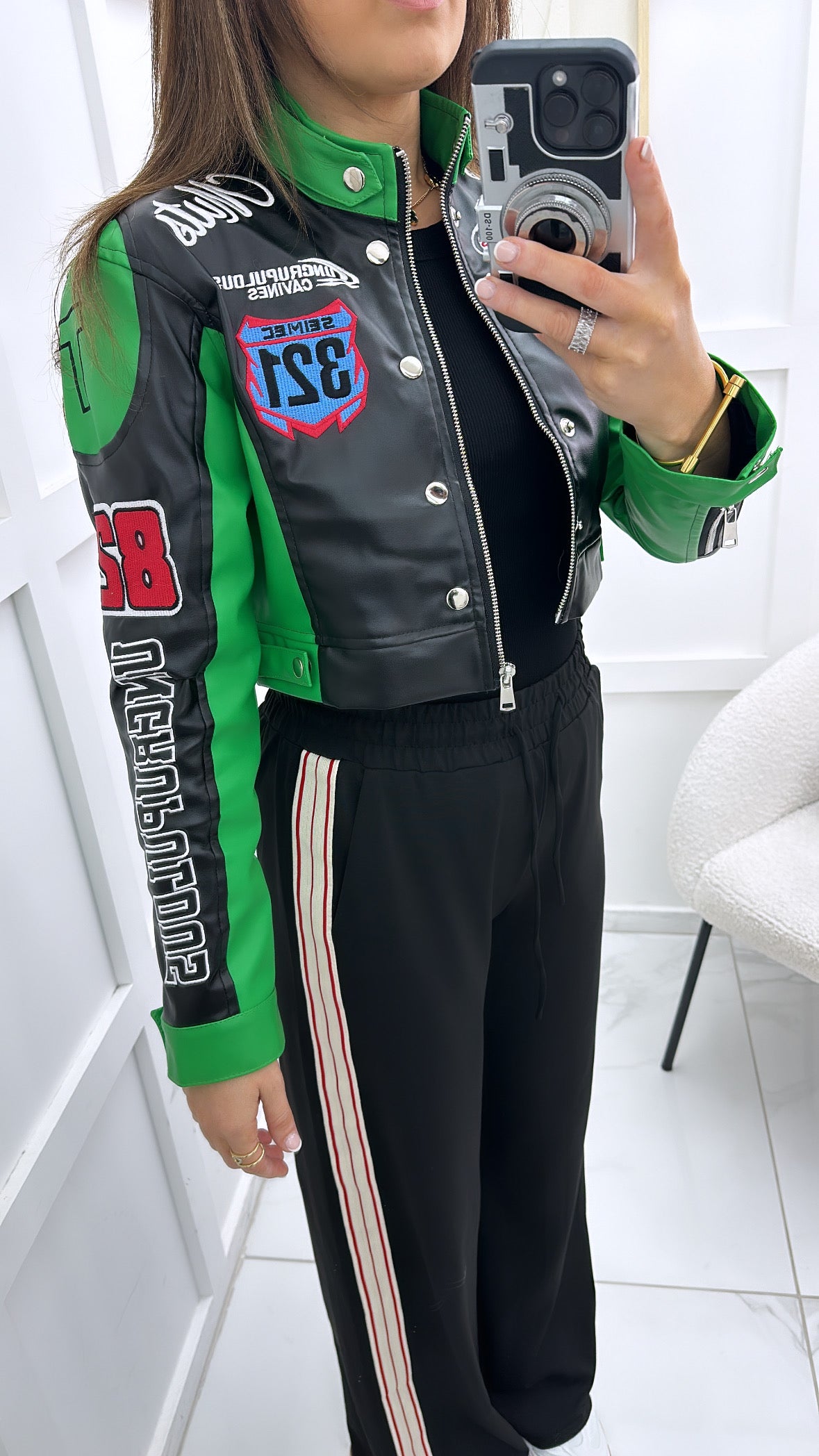 MELISSA green cropped racing biker jacket