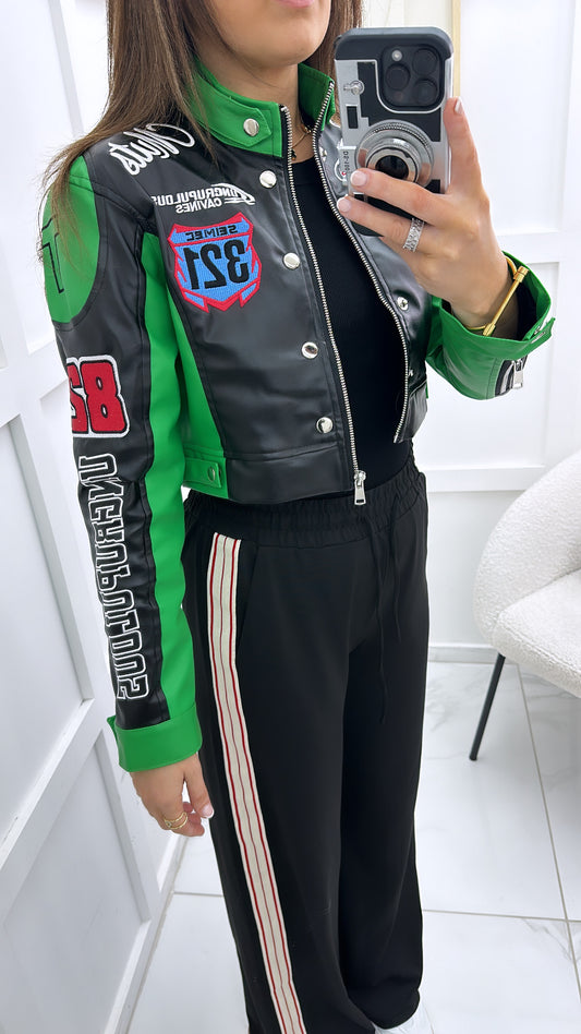 MELISSA green cropped racing biker jacket