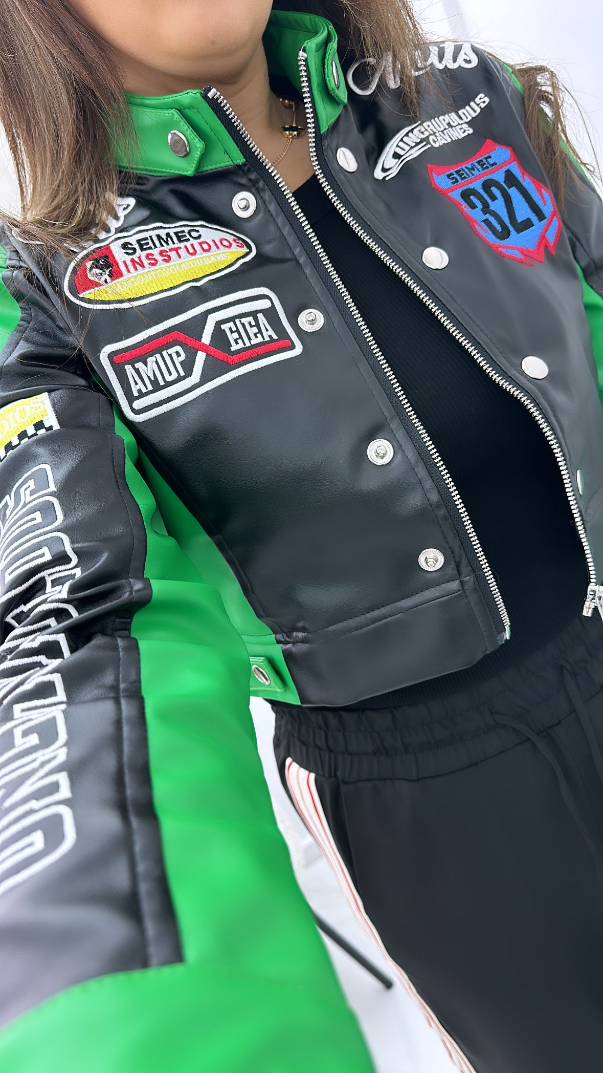 MELISSA green cropped racing biker jacket