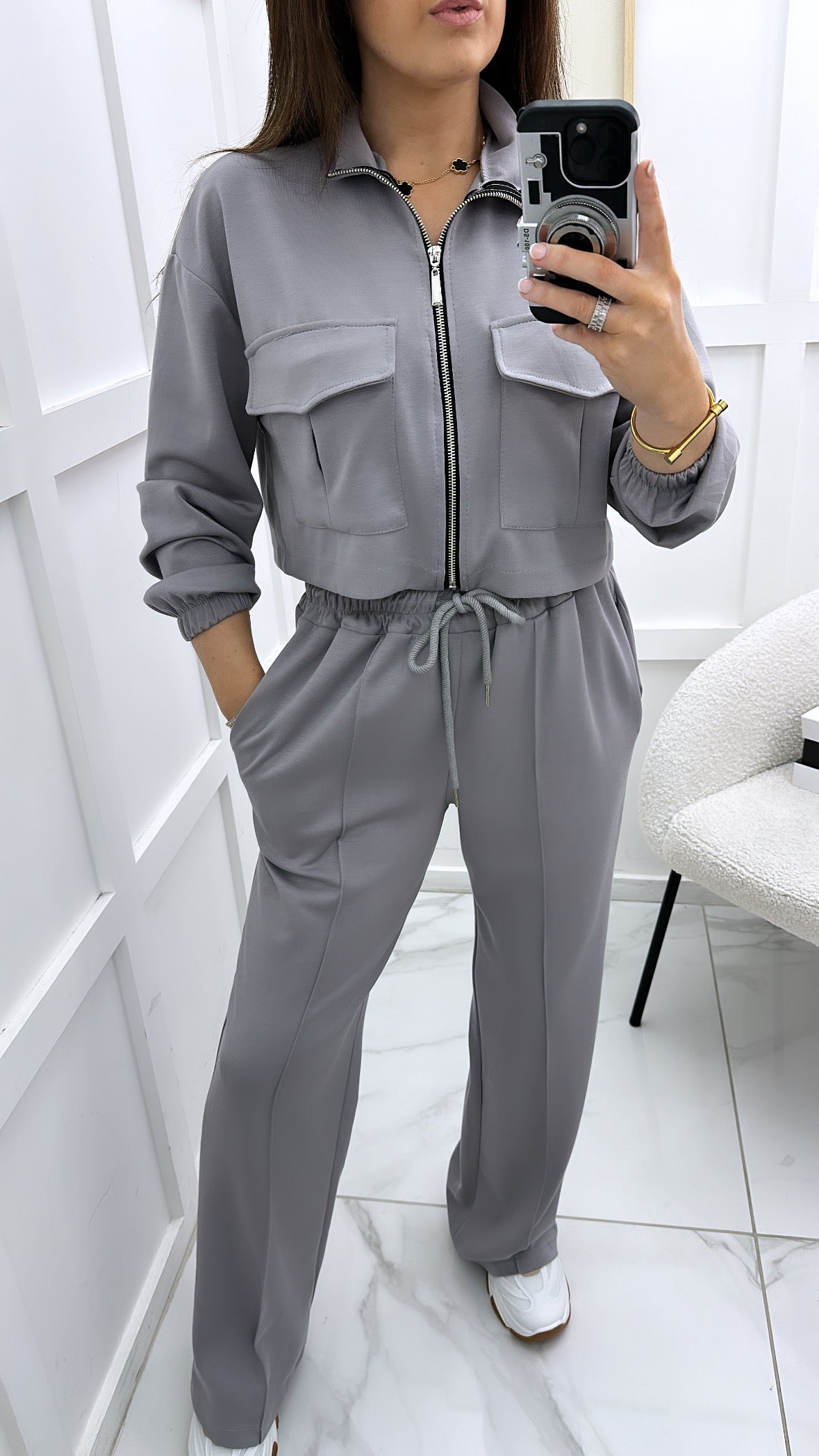 ISABELLA grey crop zip up jacket and joggers co-ord set