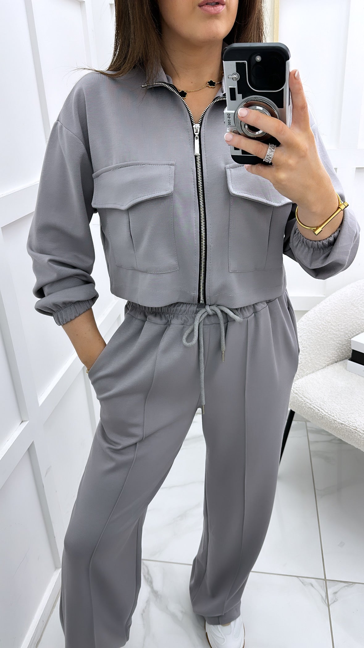 ISABELLA grey crop zip up jacket and joggers co-ord set