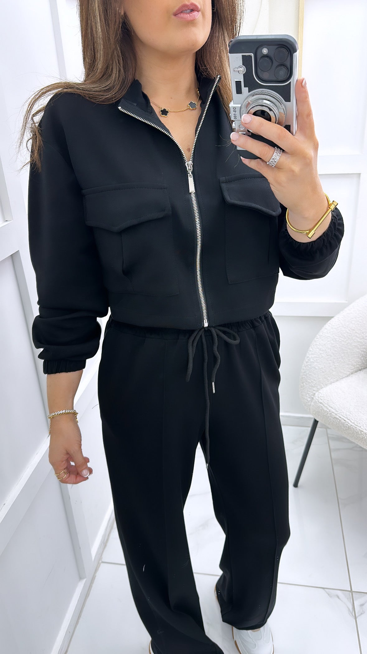 ISABELLA black crop zip up jacket and joggers co-ord set