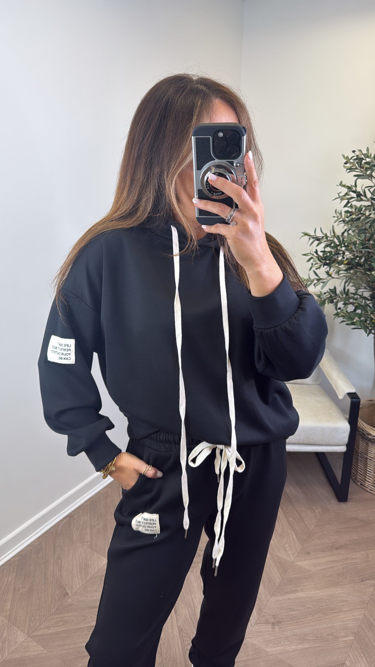 MELISSA black hoody lounge set with badge detail