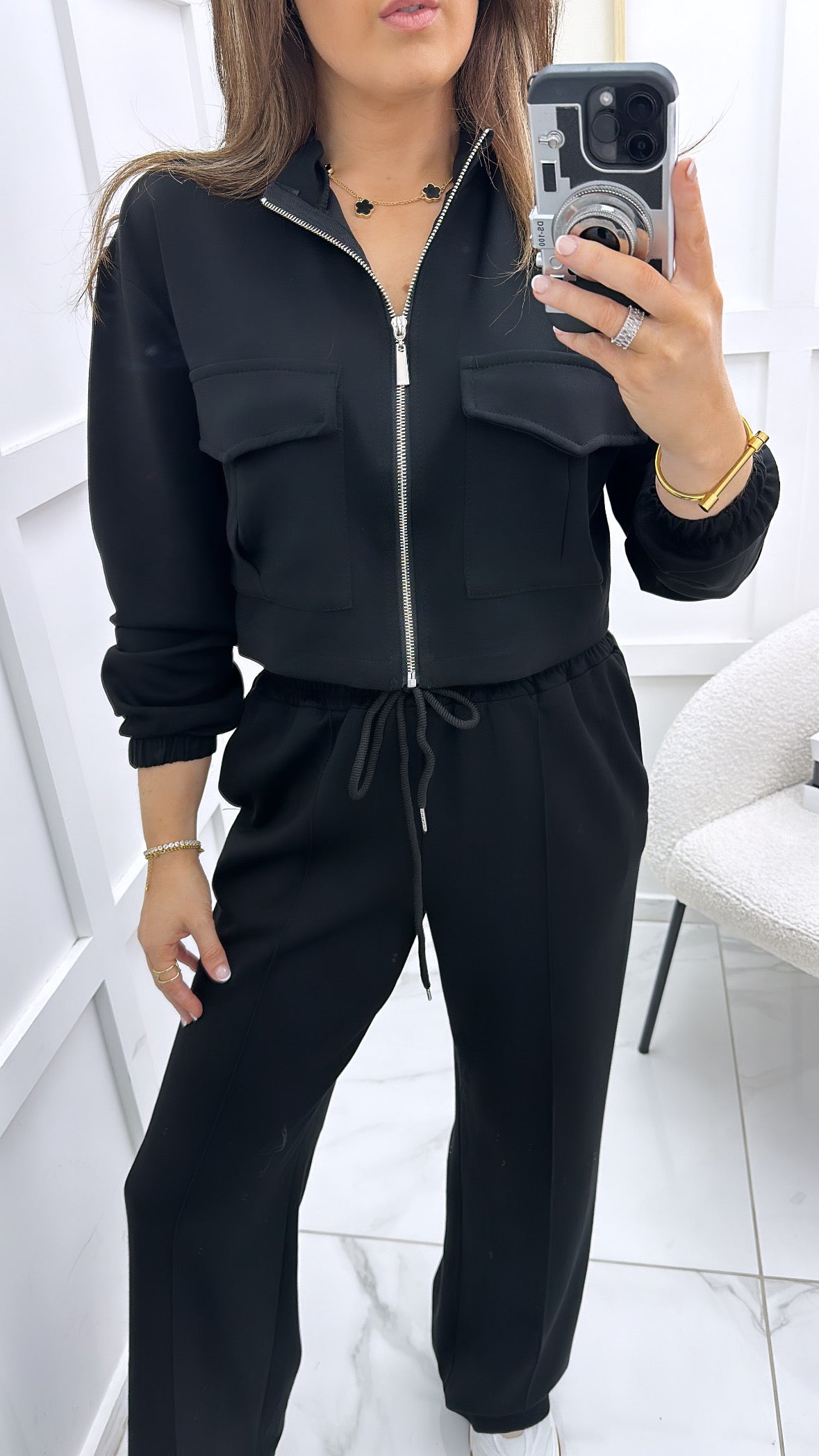 ISABELLA black crop zip up jacket and joggers co-ord set