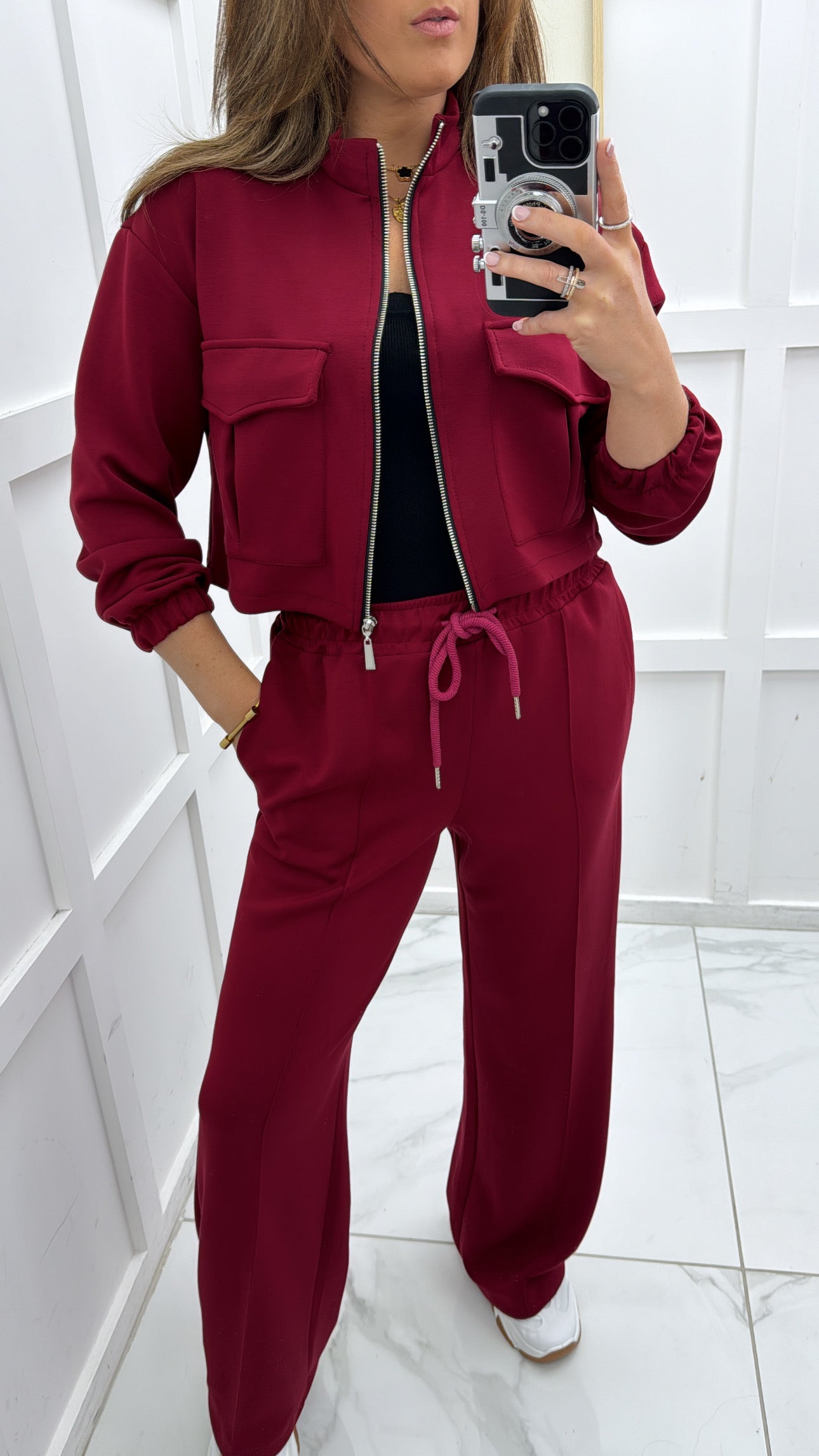 ISABELLA burgundy crop zip up jacket and joggers co-ord set