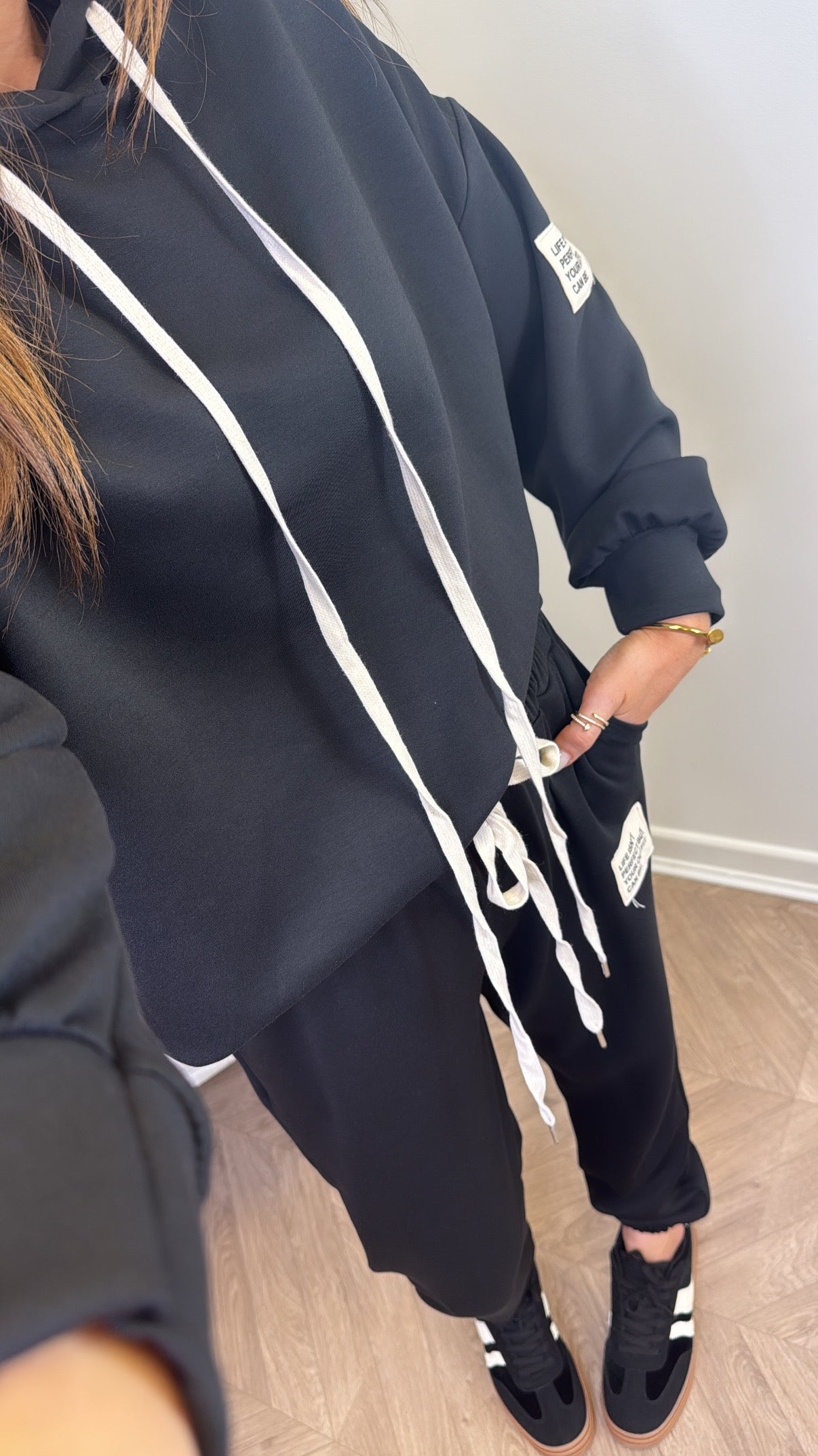 MELISSA black hoody lounge set with badge detail