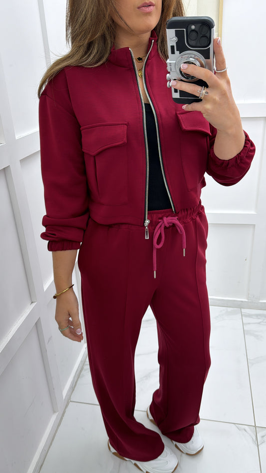 ISABELLA burgundy crop zip up jacket and joggers co-ord set