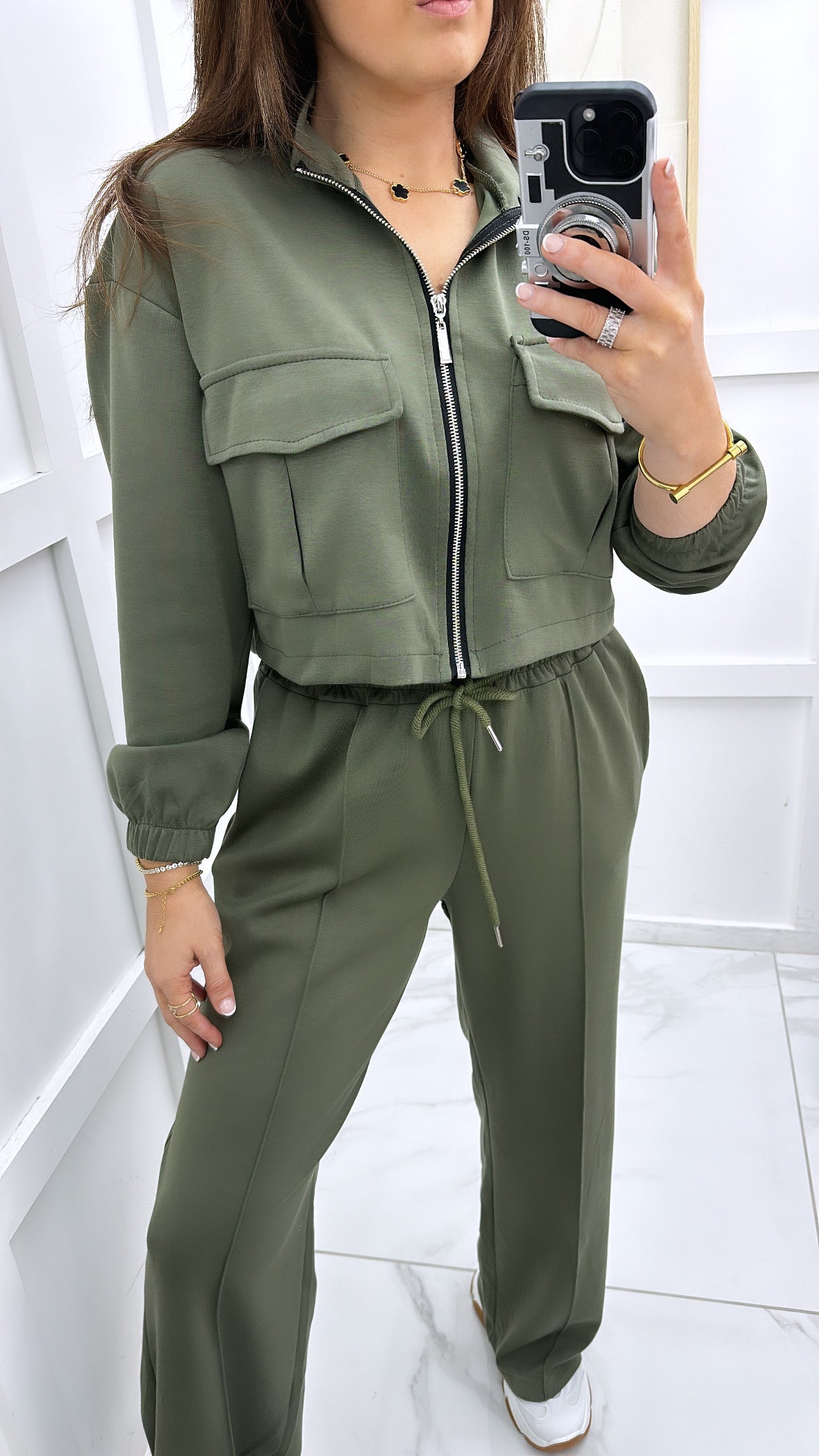 ISABELLA khaki crop zip up jacket and joggers co-ord set